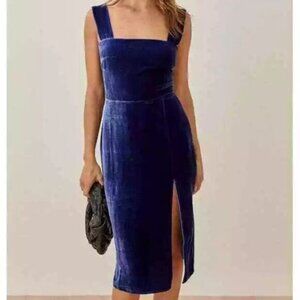 Reformation Women's Navy Velvet Sleeveless Midi with Slit Dress - Size 12